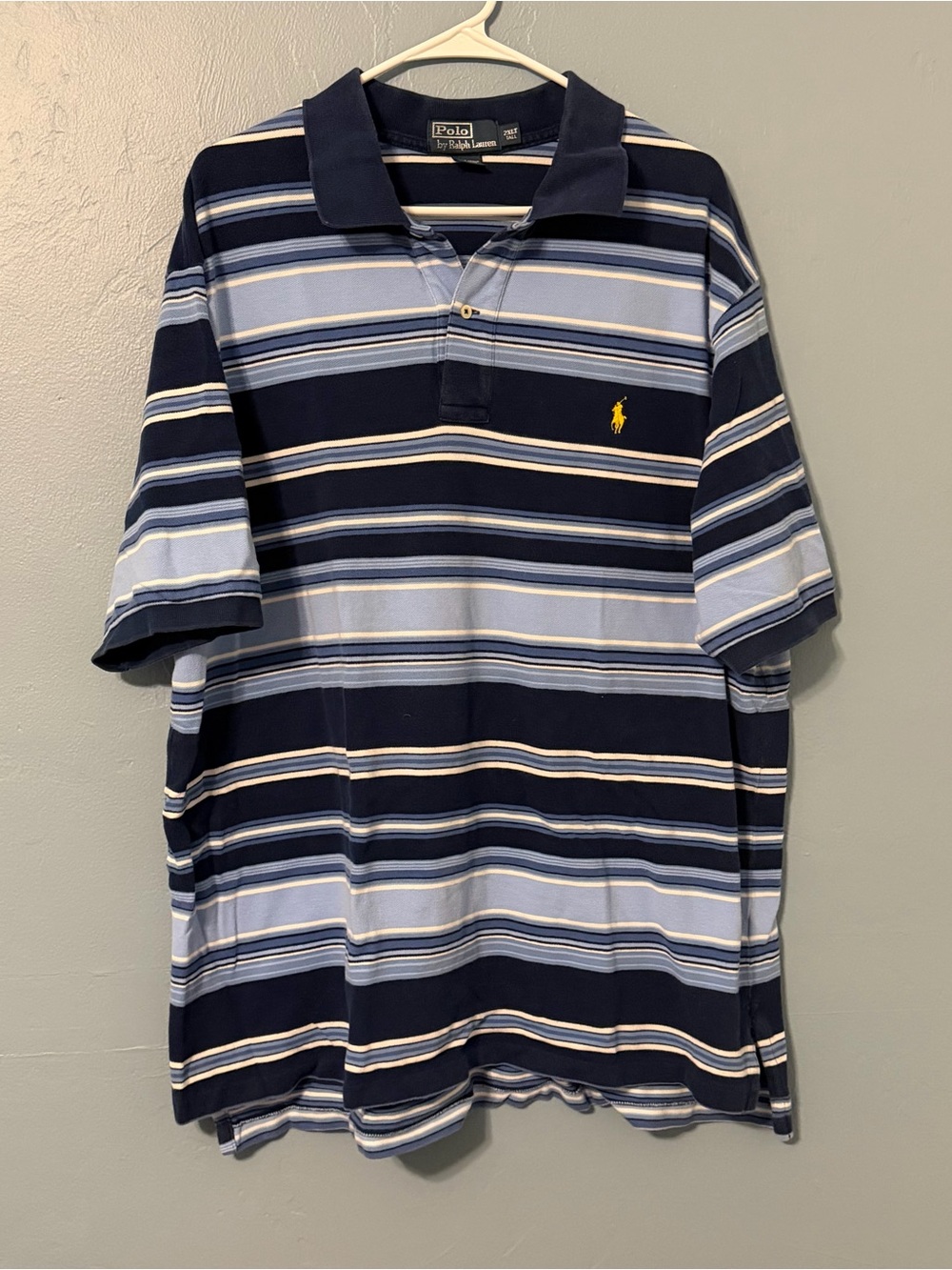Ralph Lauren Navy and Light Blue Striped Polo with Yellow Pony